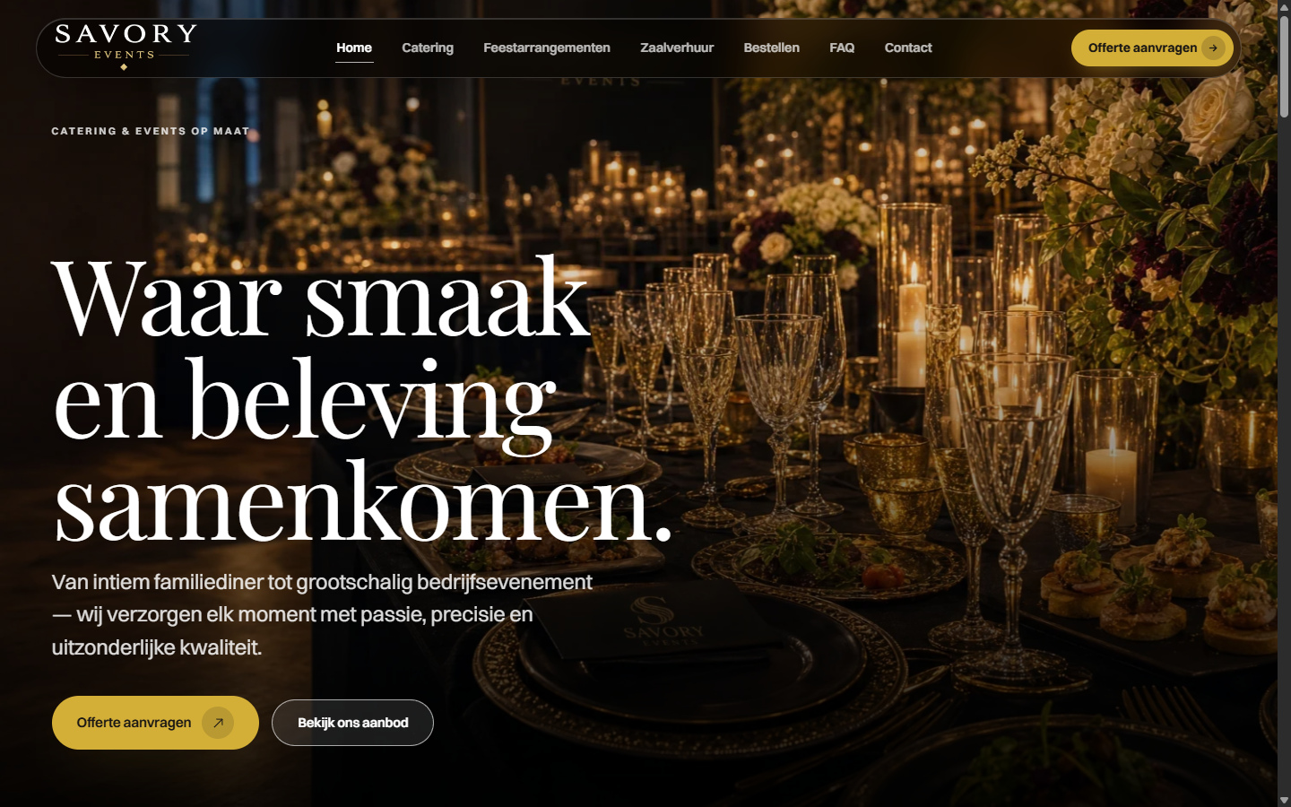 Live publieke site van Savory Events, gemaakt op Gratavo